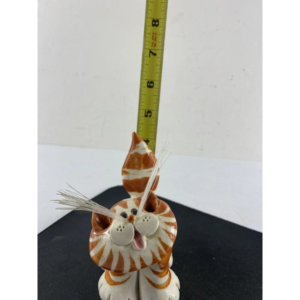 Vtg Striped Cat Pencil Holder Ceramic Handmade Gift Signed Anatomically Correct